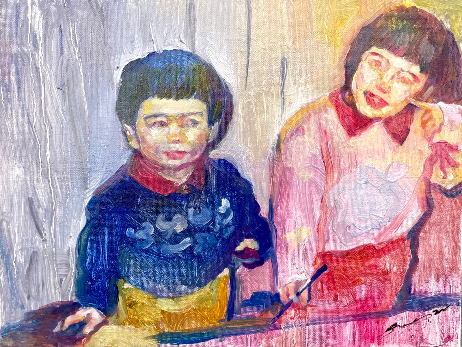 childhood, me and my sister, Oil on canvas, 2026