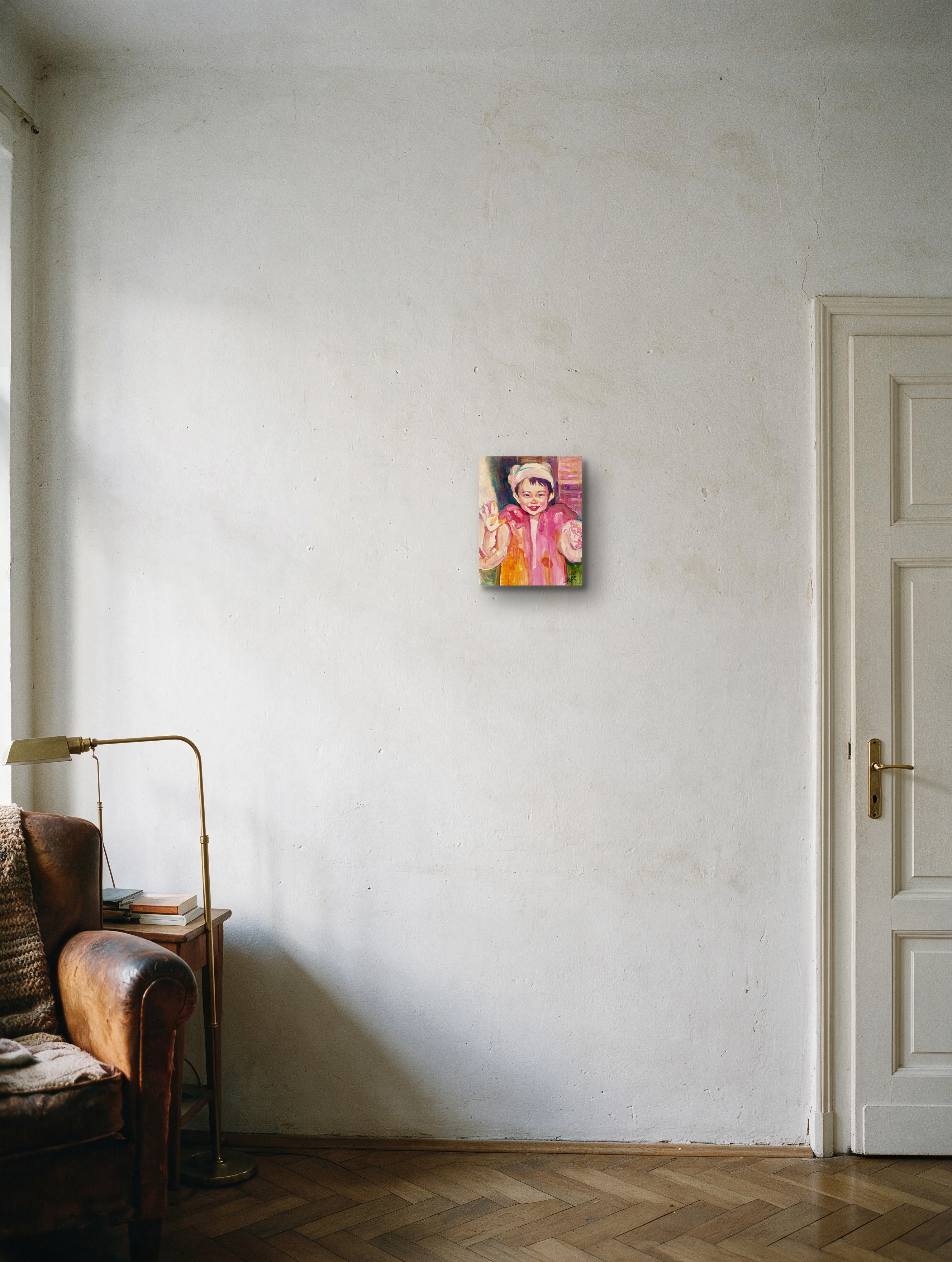 childhood of sister shown at actual scale beside a door — digital visualization