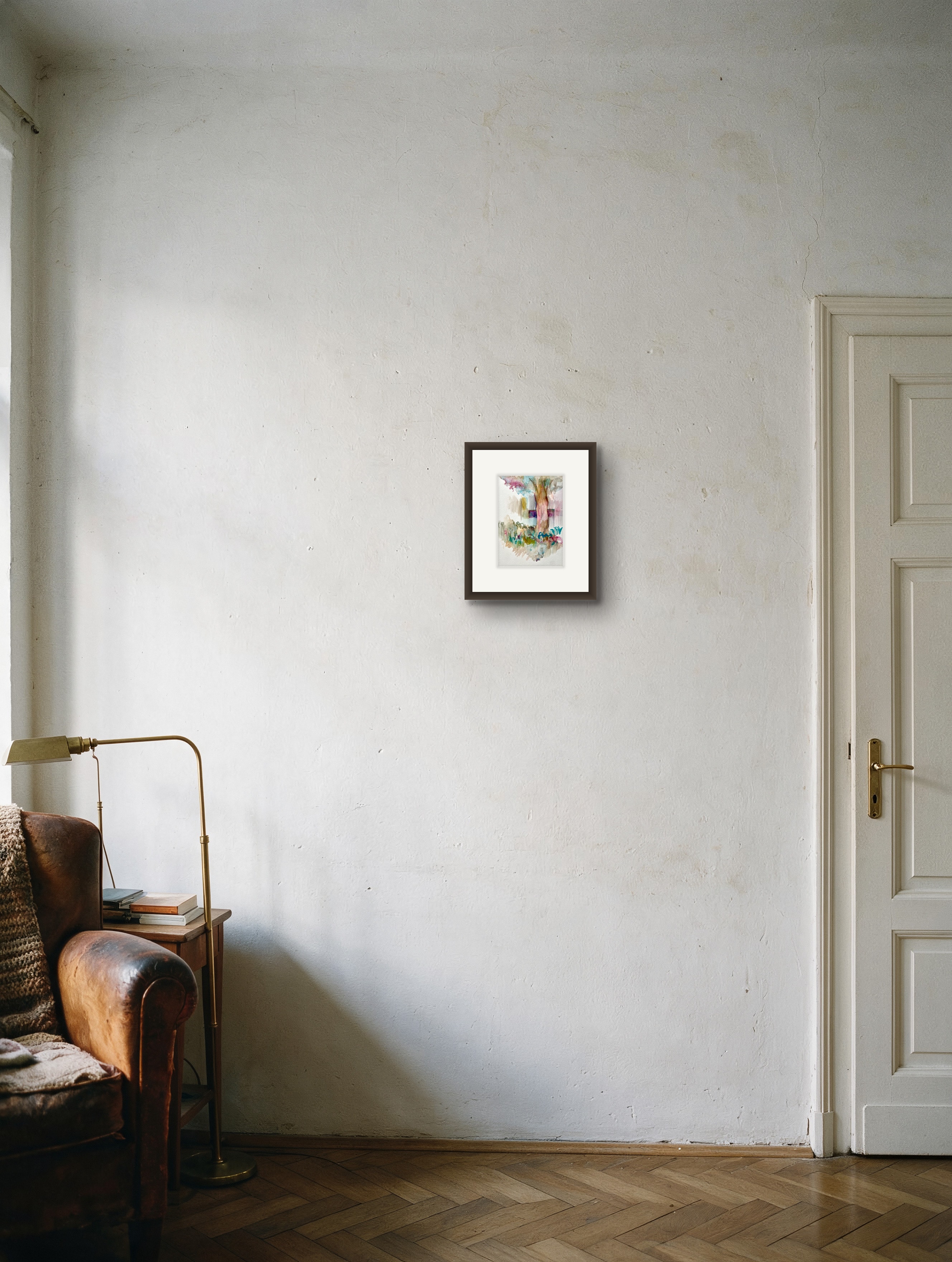 tree shown at actual scale beside a door — digital visualization